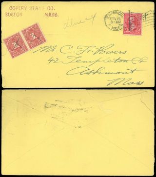 1908 Boston,  Copley Stamp Co.  Corner Card To Ashmont Ma,  Postage Due 2 J38 Pair