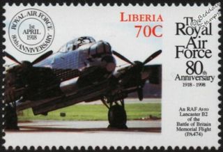 Avro Lancaster (bbmf) Bomber Aircraft Stamp 1 (1998 Raf 80th Anniversary)