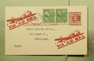 Dr Who 1958 Chapel Hill Nc Prexie Pair Uprated Airmail Postal Card To Ma E66424