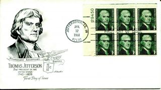 1968 Thomas Jefferson 1 Cent Sheet Stamp Plate Block Artmaster Cachet Unaddr Fdc