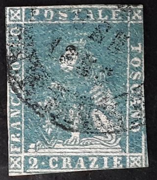 Very Rare 1851 - Italy Tuscany 2 Crazia Blue Lion Of Tuscany Imperf Stamp