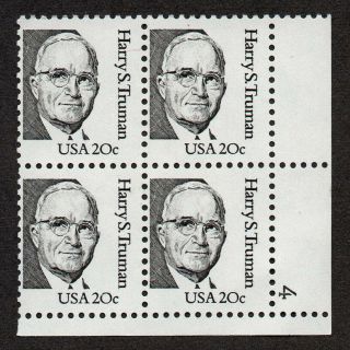 Usa,  Scott 1862d,  Plate Block Of President Harry S.  Truman,  Shiny Gum,  Mnh