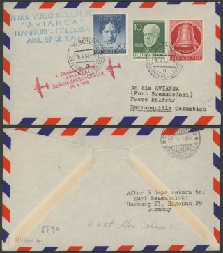 Germany 1953 - 1st Flight Air Mail Cover Berlin Barranquilla Colombia 30528/2