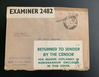 Ww2 1942 Returned To Sender By Censor Cvr / Postage Refunded Cancel