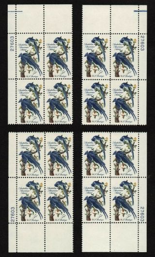 Usa,  Scott 1241,  Matched Set Of 4 Plate Blocks Columbia Jays By Audubon 27588