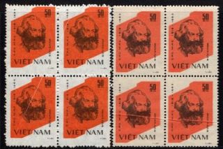 Vietnam,  Sc.  1317,  Karl Marx 50xu,  2 Block Of 4 Printed On Diff.  Paper.  Ngaimint