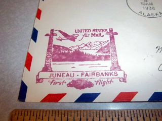 1938 stamped Cover Juneau Alaska to Fairbanks Alaska First Air Mail Flight 2