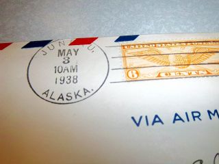 1938 stamped Cover Juneau Alaska to Fairbanks Alaska First Air Mail Flight 3