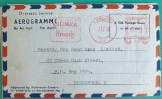 1968 Australia Air Letter Brandy Meter Cancel To Singapore