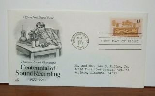 Us Fdc.  Thomas Edison Phonograph Centennial Of Sound Recording 1977 1705.