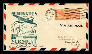 Us Cover First Flight Fam 1 Burlington Vermont Air Mail Backstamp York