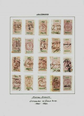 Zealand: An Album Page With 20 One Penny Fiscal Stamps,  Very Mixed