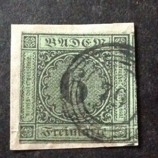 Baden 1851 6 K Black On Green Stamp On Piece
