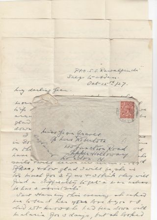 1927 Letter Suez To Aden P&o Ship Mail S.  S.  Rawalpindi Paquebot