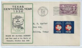 Us Fdc 776 Texas 1936 Gonzales 1st Centennial Service Bureau Cover Poster Stamps