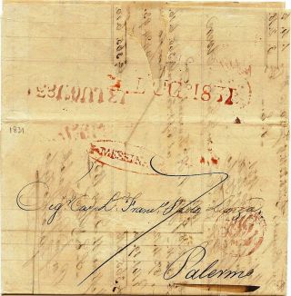 Italy Stampless Red Oval Messina - Palermo 1831 Taxed 7,  Text Look