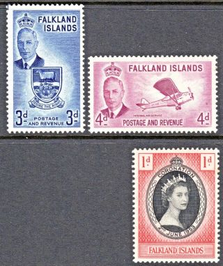 Falkland Islands 1952/3 Ultramarine 3d Purple 4d Bl/red 1d Sg176/177/186
