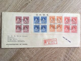Postal History Nauru 1937 Reg Coronation Fdc In Blocks Of 4 To Uk