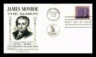 Dr Jim Stamps Us James Monroe Masonic Stamp Club First Day Cover Scott 1105