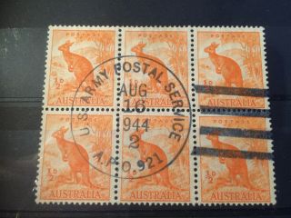 1944 Australia Block Of 6 Half Pence Orange Stamps Cancelled With U.  S Army Post