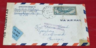 Us To Denmark Dec 10 1941 Single Frank Service Suspended Censord Wwii Cover