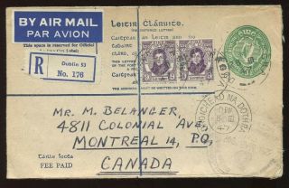 Ireland - 1947 - 5 1/2 D Green Registered Stationery Envelope To Canada