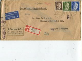 Germany Long Reg Censor Air Mail Cover To Belgium 1943