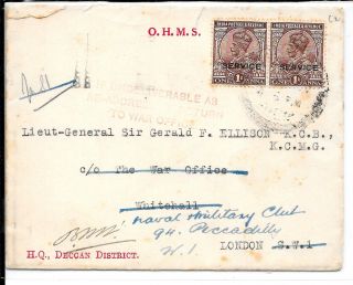India 1922 Ohms Service Cover To Uk