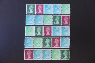 Great Britain Decimal Machins Five Strips Of Five Different Combinations (mnh)