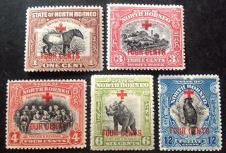 North Borneo 1918 5 X Stamps With Red Cross Overprints Hinged