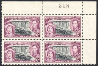 Southern Rhodesia 1937 6d Coronation,  Sheet Number Block Of 4,  Sg.  39,  Stamps Um