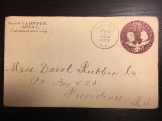 Belton South Carolina Cancel On 2c Columbian Postal Envelope 12/4/1893