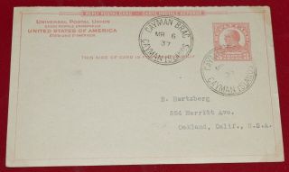Uy12 1937 Cayman Islands Brac Postal Reply Card 1937 To Oakland Ca