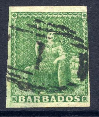 Barbados 1855 - 58 Britannia ½d Green 3½ Margins Fine.  Stanley Gibbons 8.