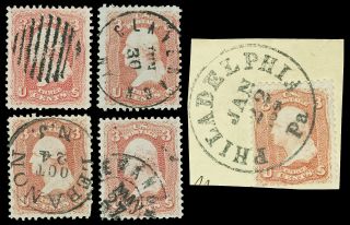 Five Scott 65 1861 3c Washington Issues With Neat Circular Cancels Cat $15