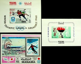 Manama Ajman Uae Winter Olympics Iceskating Skiing Torch 3 Imperf Sheets