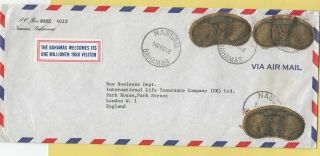 E4781 Nassau Bahamas Dec 1968 Air Cover Uk; 3 X 12c Form Stamps,  Label
