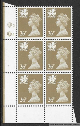 Gb/wales 1971/98 26p Plate Block,  Sg Xwl52/w62,  Plate 2,  2.  Mnh