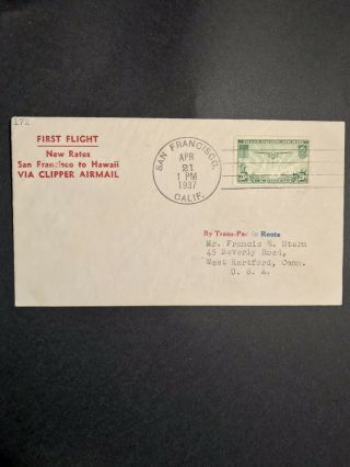 Us Usa First Flight Cover Fam 14 Sf To Honolulu 1st Leg Rate To Manila 1937