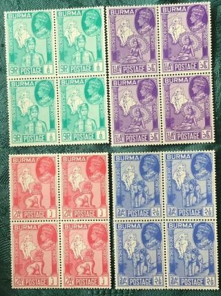 Burma - 1946 Victory Set Of 4 Stamps In Blocks Of 4,  Sg 64 - 67,  Mnh