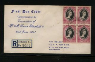 Singapore 1953 Coronation Stamp Block On Registered Cover 1953 Ms1011