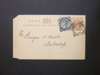 Gb Stationery 1884 Qv 1/2d Postcard,  1/2d London Fancy Geometric Pmk To Belgium