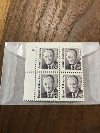 Us Plate Block Of (4) Stamp Scott 2189 Hubert H.  Humphrey 1991 Mnh