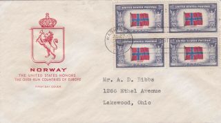 First Day Cover,  Scott 911 Bl4,  Norway,  Mellone 4,  Farnam Cachet,  1943