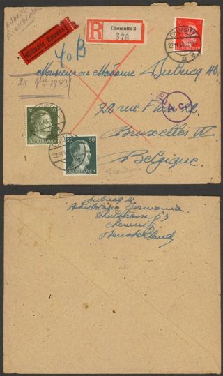 Germany Wwii 1943 - Registered Express Cover Chemnitz To Belgium - Censor D178