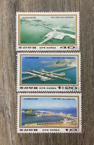 Vintage Bulk Of 3 Korea Stamps 1986 The West Sea Barrage