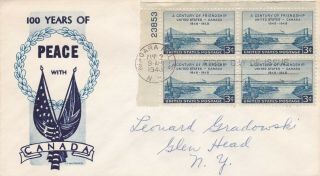 1948 Fdc,  961,  3c U.  S.  - Canada Friendship,  Mccawley Cachet,  Block Of 4