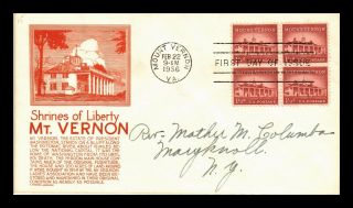Dr Jim Stamps Us Mt Vernon Shrine Of Liberty Cs Anderson Fdc Cover Block