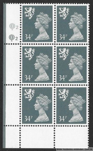 Gb/scotland 1971/98 34p Plate Block,  Sg Xsl69/s78,  Plate 2,  2.  Mnh