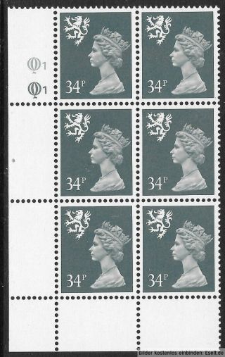 Gb/scotland 1971/98 34p Plate Block,  Sg Xsl69/s78,  Plate 1,  1.  Mnh